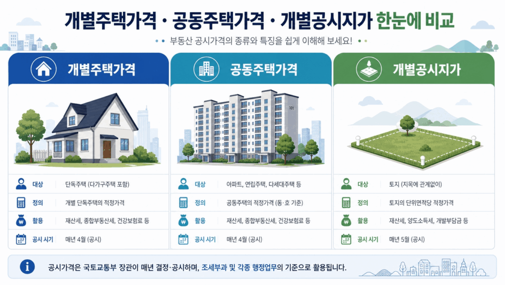 개별주택가격 공동주택가격 개별공시지가 차이를 비교한 안내표